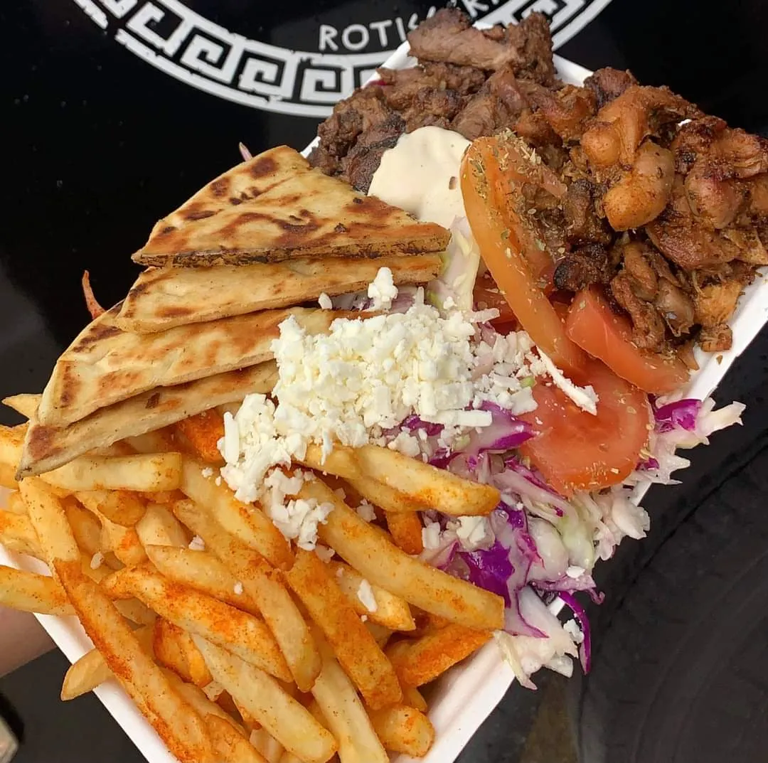The Hercules Plate: charcoal chicken and lamb with pita, feta, salad and chips
